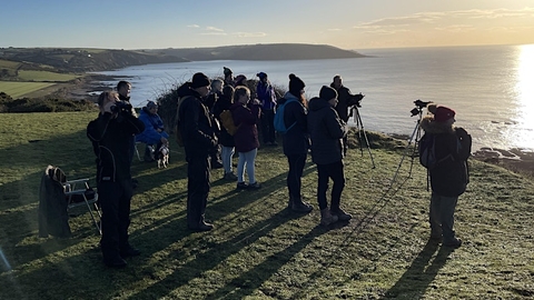 A group of people on a calm morning looking out to sea with telescopes.